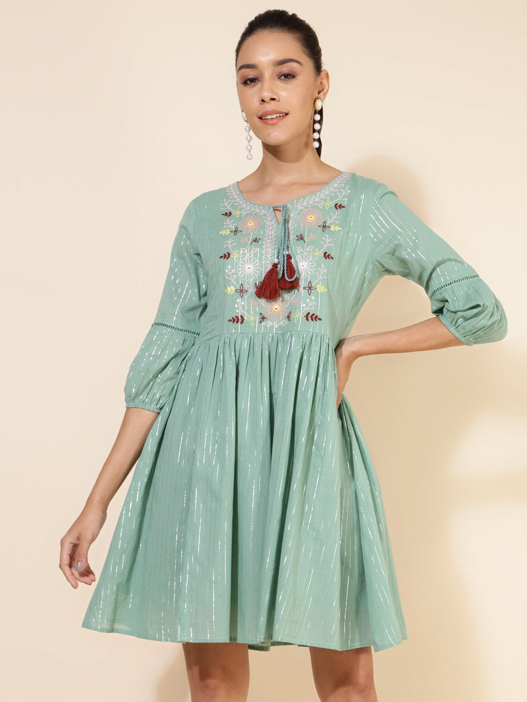 Janasya Women's Green Cotton Yoke Embroidery Casual Dress - Distacart