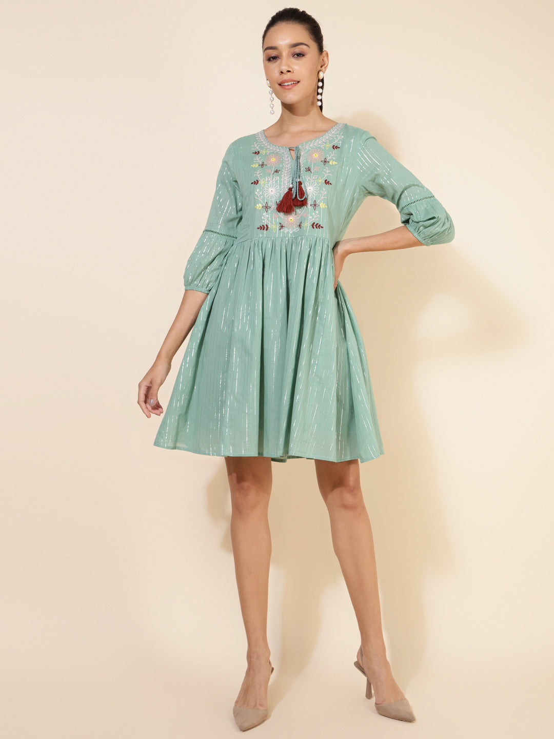 Janasya Women's Green Cotton Yoke Embroidery Casual Dress - Distacart
