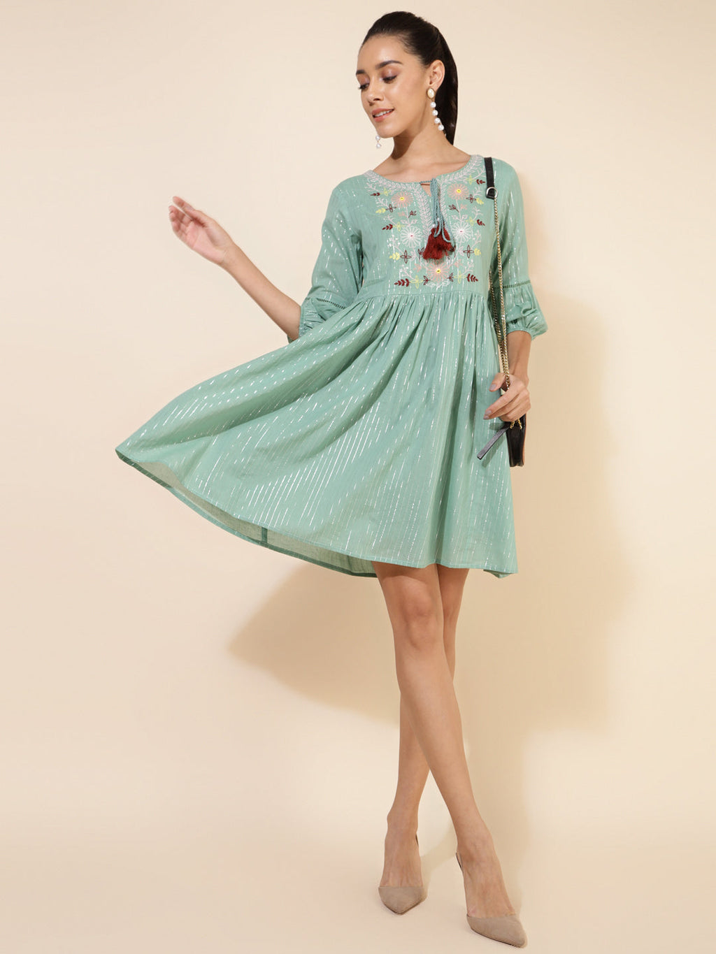 Janasya Women's Green Cotton Yoke Embroidery Casual Dress - Distacart