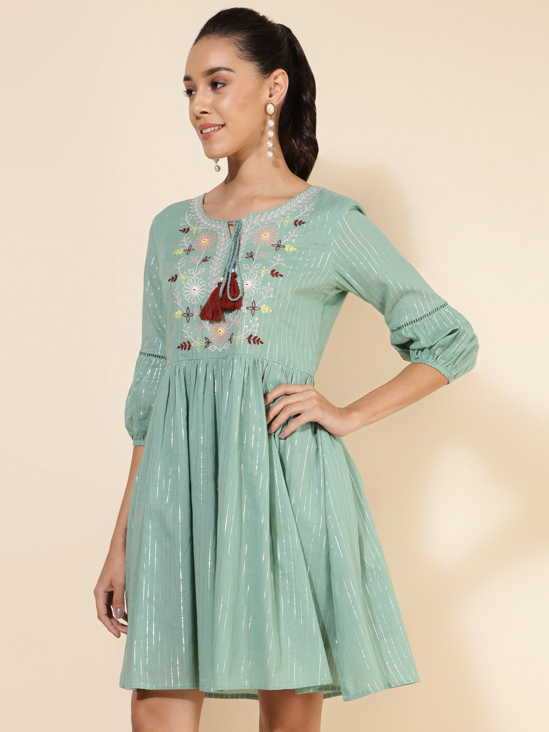 Janasya Women's Green Cotton Yoke Embroidery Casual Dress - Distacart