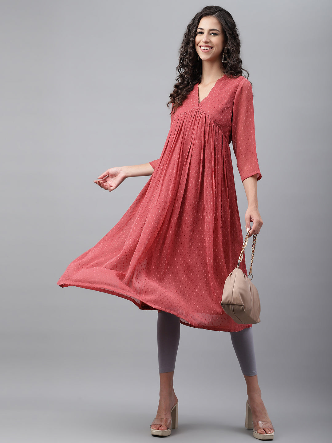 Janasya Women's Pink Dobby Chiffon Self Design Casual Empire Kurta