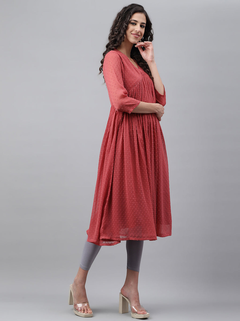 Janasya Women's Pink Dobby Chiffon Self Design Casual Empire Kurta