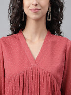 Janasya Women's Pink Dobby Chiffon Self Design Casual Empire Kurta