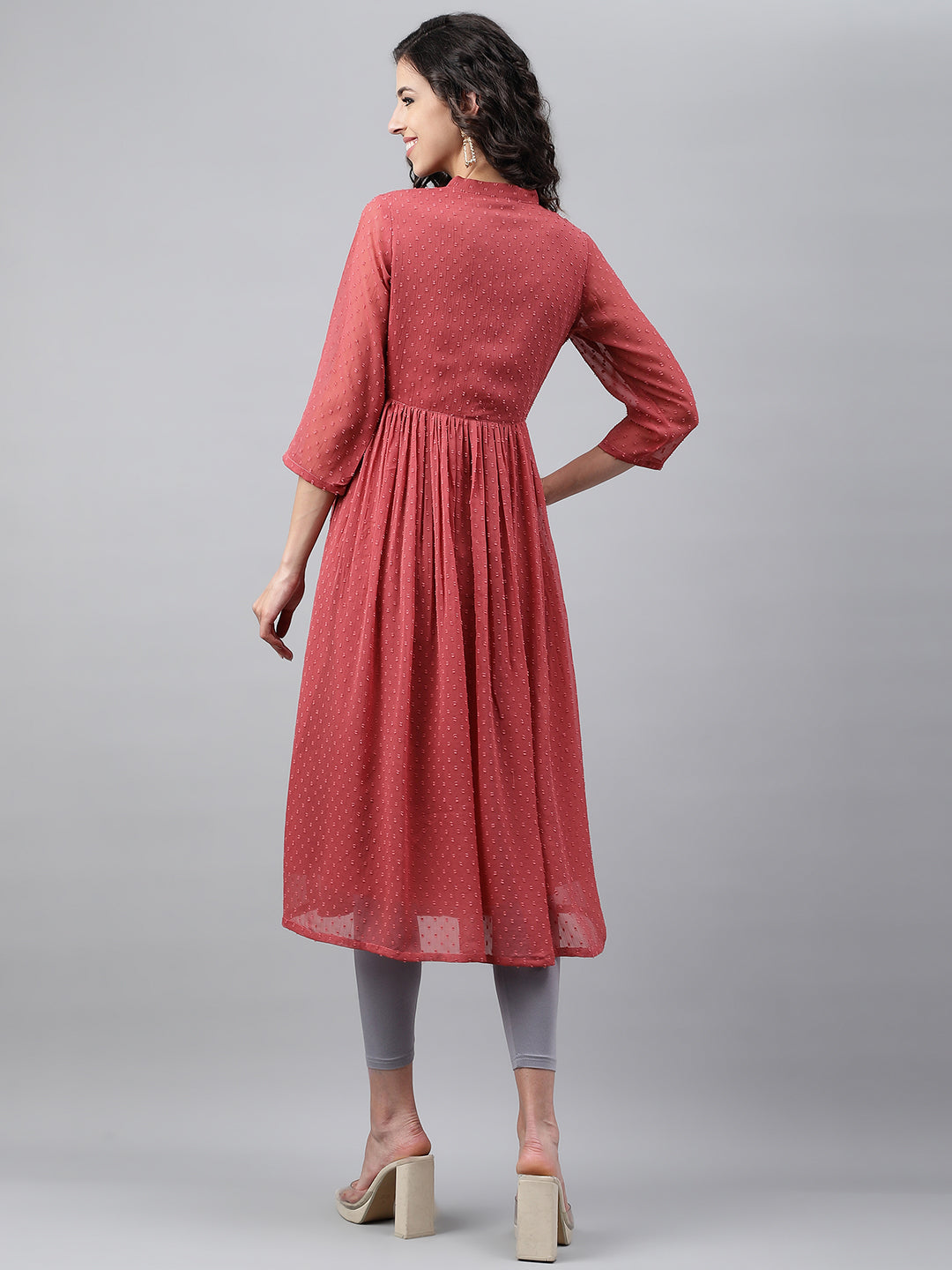 Janasya Women's Pink Dobby Chiffon Self Design Casual Empire Kurta