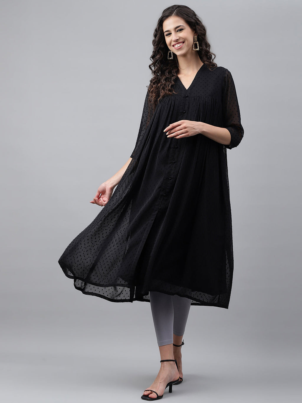 Janasya Women's Black Dobby Chiffon Self Design Festive Empire Kurta