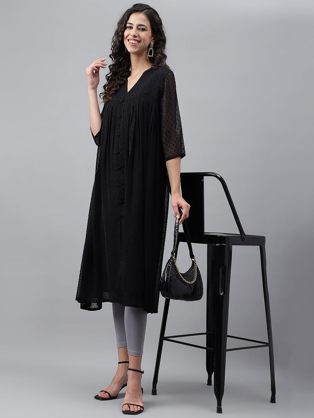 Janasya Women's Black Dobby Chiffon Self Design Festive Empire Kurta