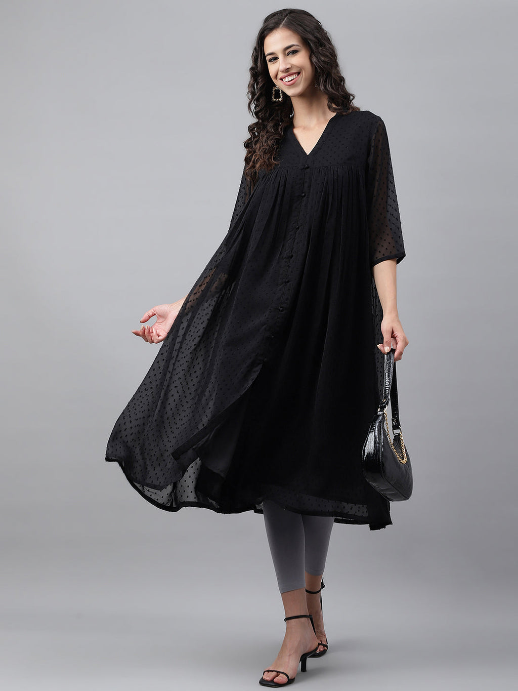Janasya Women's Black Dobby Chiffon Self Design Festive Empire Kurta