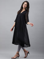 Janasya Women's Black Dobby Chiffon Self Design Festive Empire Kurta