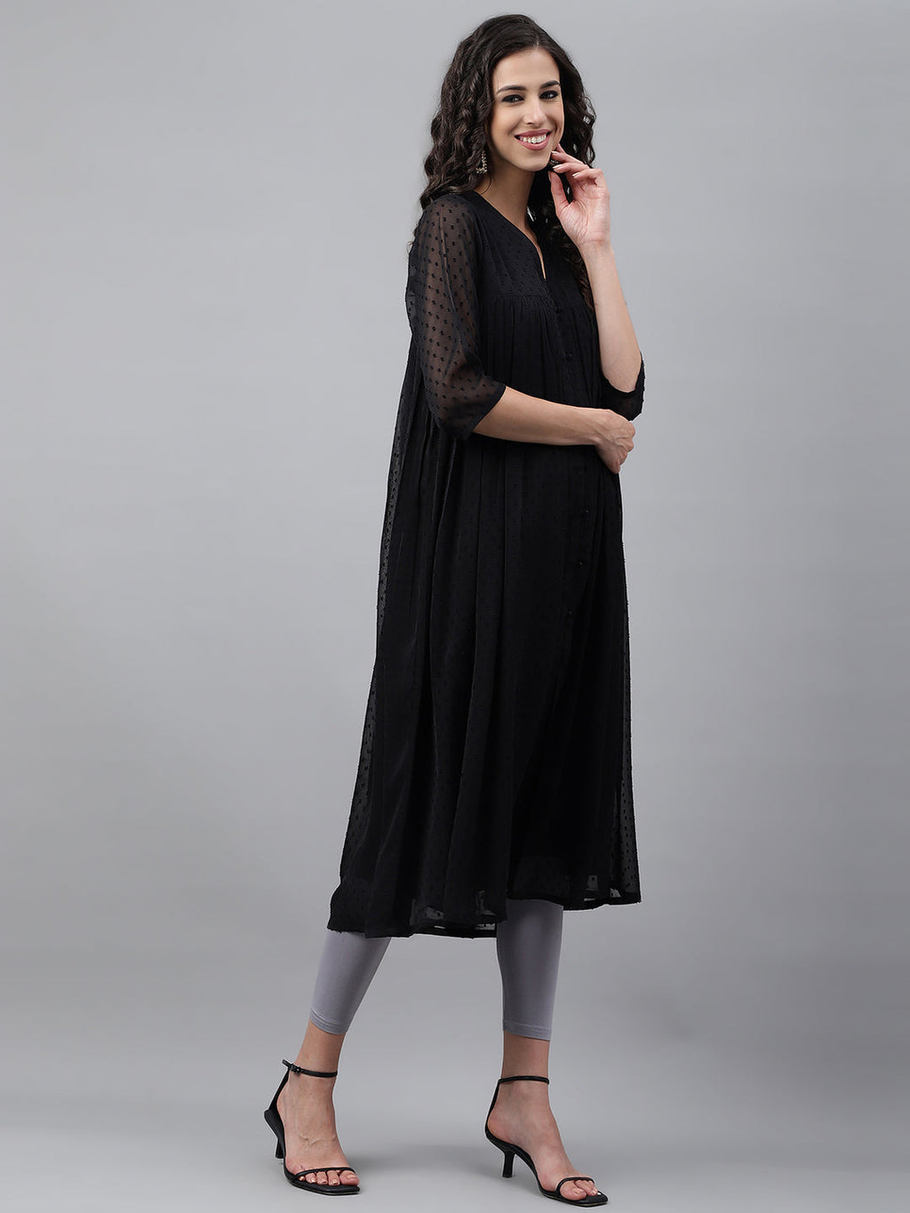 Janasya Women's Black Dobby Chiffon Self Design Festive Empire Kurta