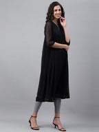 Janasya Women's Black Dobby Chiffon Self Design Festive Empire Kurta