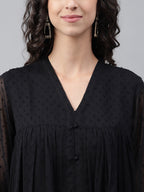 Janasya Women's Black Dobby Chiffon Self Design Festive Empire Kurta