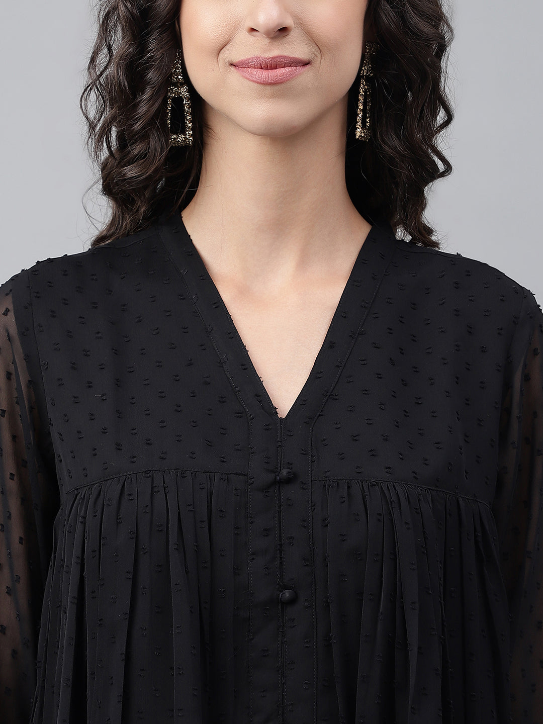 Janasya Women's Black Dobby Chiffon Self Design Festive Empire Kurta