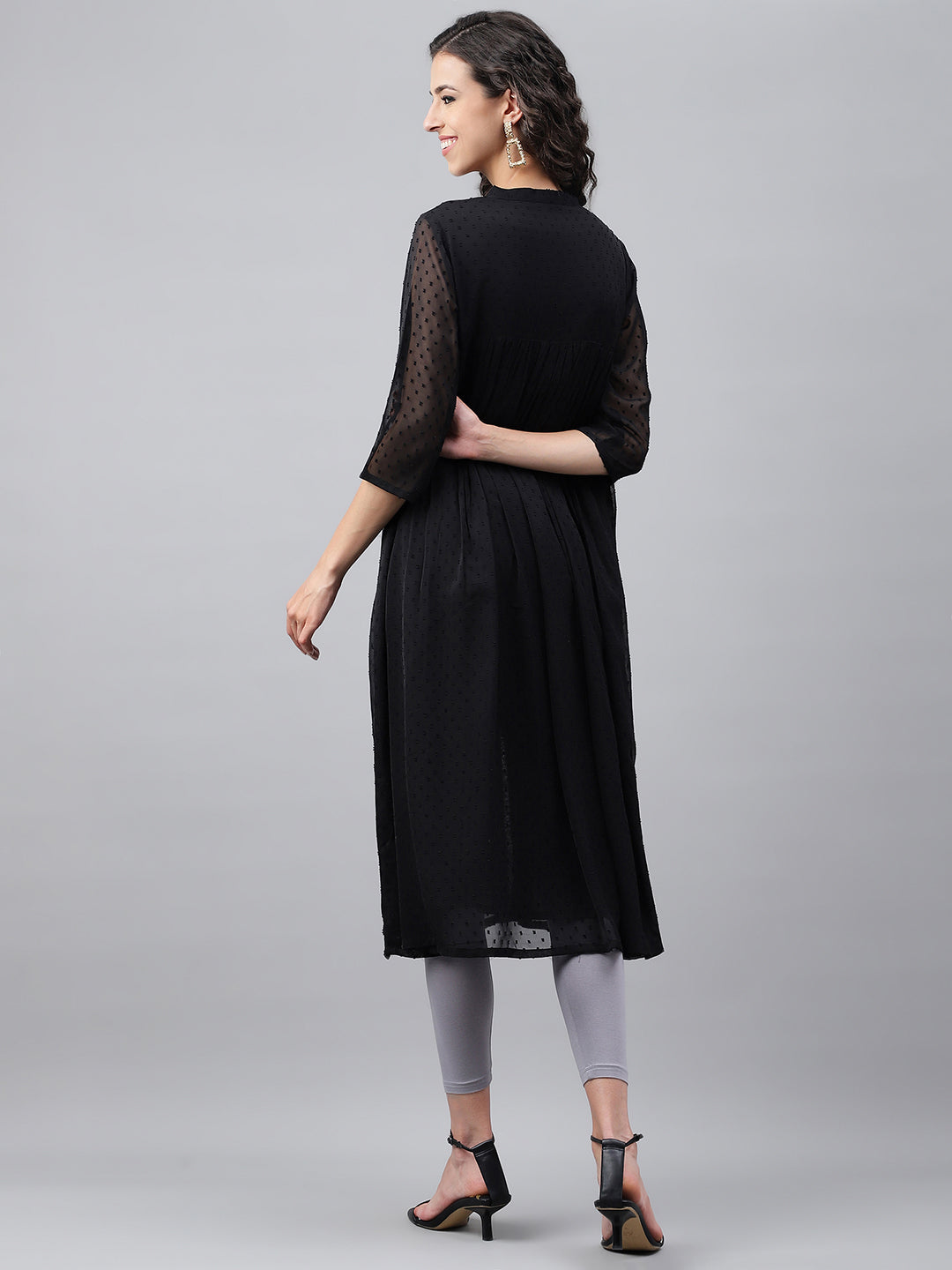 Janasya Women's Black Dobby Chiffon Self Design Festive Empire Kurta