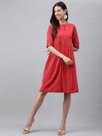 Janasya Women's Red Cotton Woven Design Flared Casual Dress - Distacart