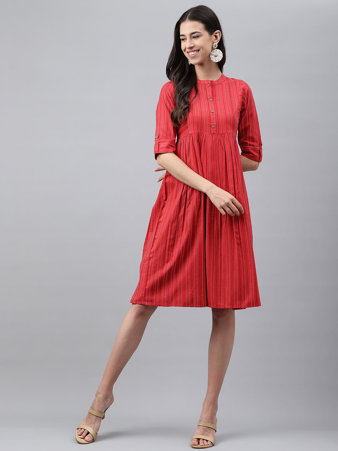 Janasya Women's Red Cotton Woven Design Flared Casual Dress - Distacart