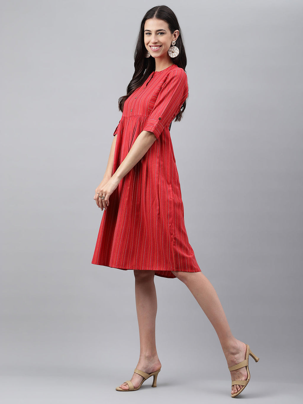 Janasya Women's Red Cotton Woven Design Flared Casual Dress - Distacart