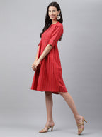 Janasya Women's Red Cotton Woven Design Flared Casual Dress - Distacart