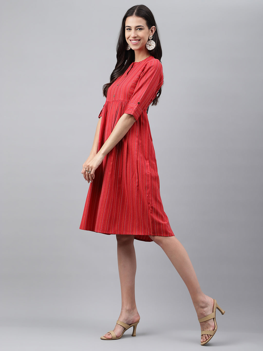 Janasya Women's Red Cotton Woven Design Flared Casual Dress - Distacart