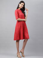 Janasya Women's Red Cotton Woven Design Flared Casual Dress - Distacart