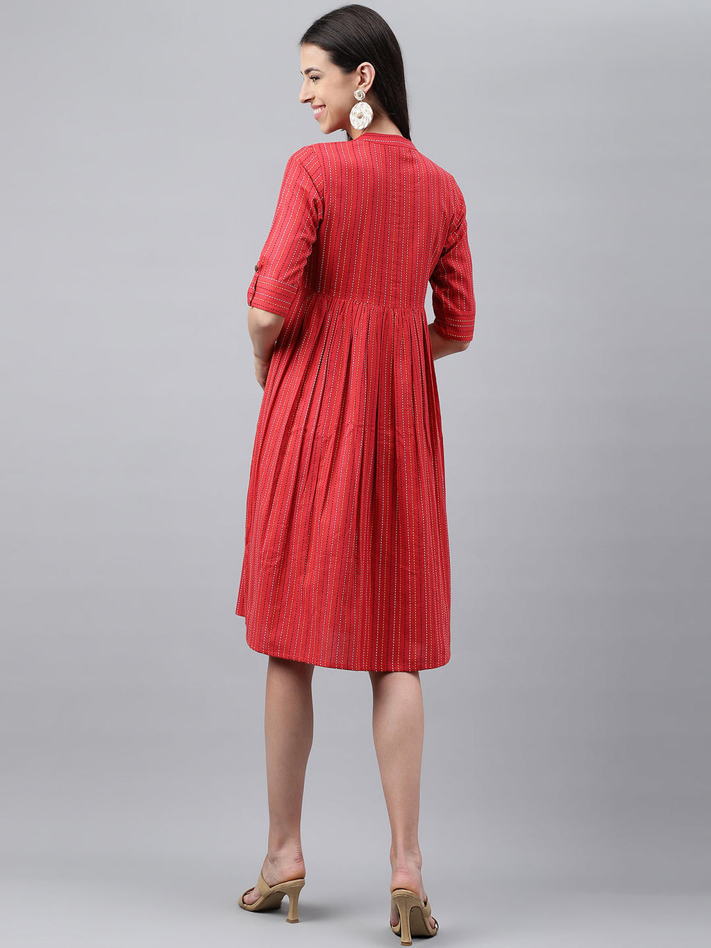Janasya Women's Red Cotton Woven Design Flared Casual Dress - Distacart