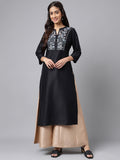 Janasya Women's Black Poly Silk Solid Festive Straight Kurta
