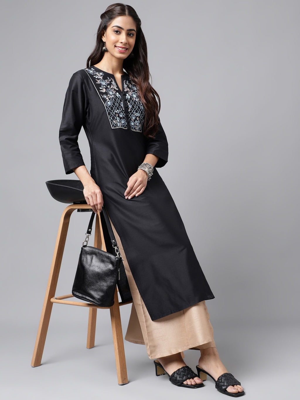 Janasya Women's Black Poly Silk Solid Festive Straight Kurta