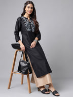 Janasya Women's Black Poly Silk Solid Festive Straight Kurta