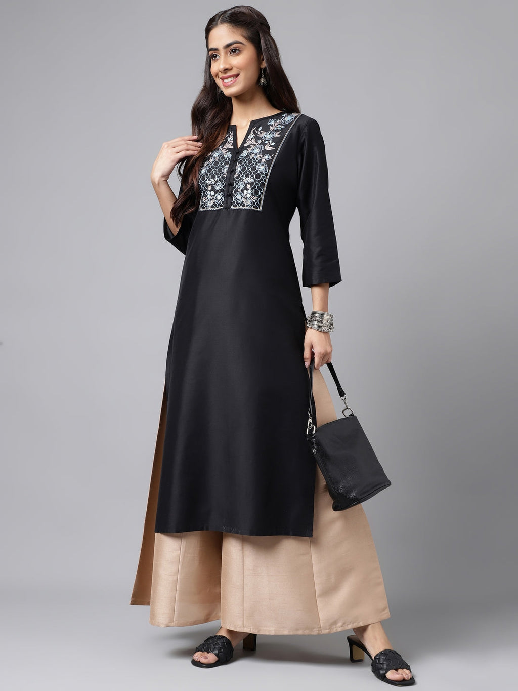 Janasya Women's Black Poly Silk Solid Festive Straight Kurta
