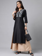 Janasya Women's Black Poly Silk Solid Festive Straight Kurta