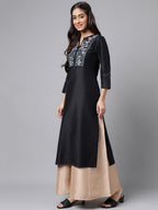 Janasya Women's Black Poly Silk Solid Festive Straight Kurta