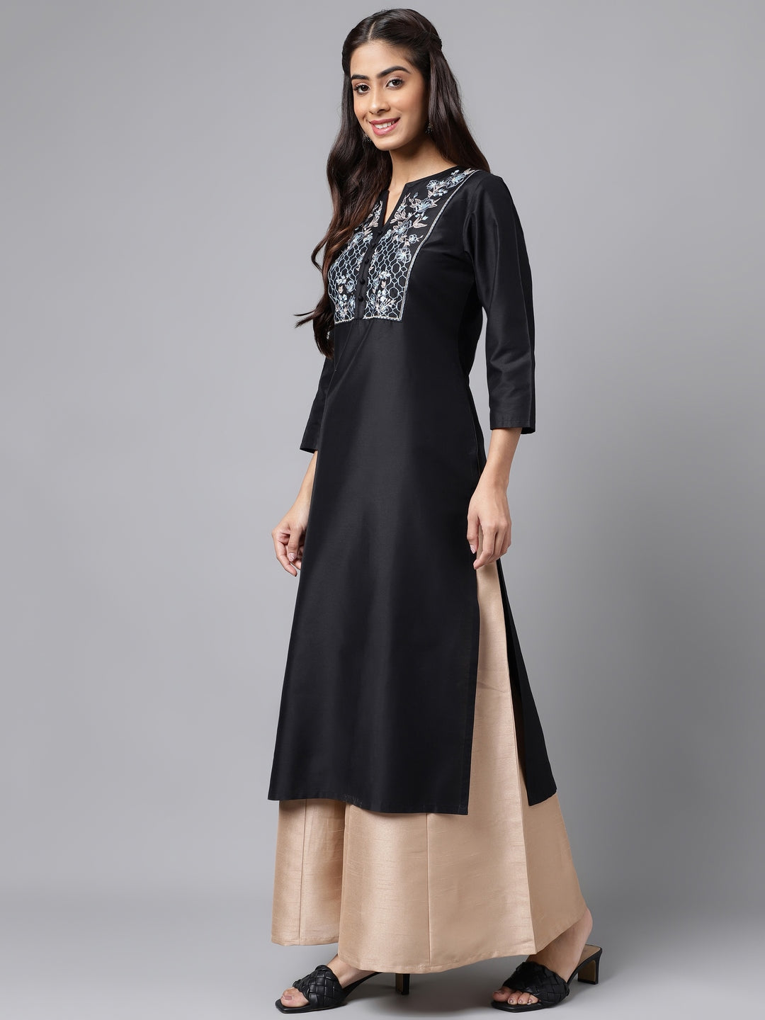 Janasya Women's Black Poly Silk Solid Festive Straight Kurta