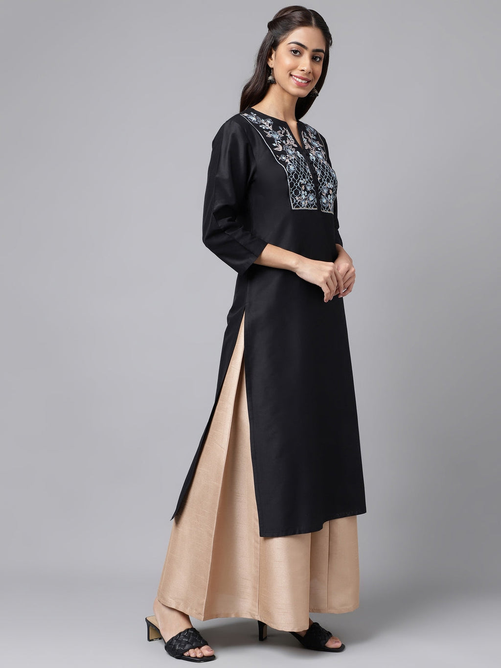 Janasya Women's Black Poly Silk Solid Festive Straight Kurta