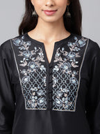 Janasya Women's Black Poly Silk Solid Festive Straight Kurta