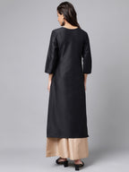 Janasya Women's Black Poly Silk Solid Festive Straight Kurta