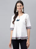 Janasya Women's White Cotton Solid Casual A-Line Top