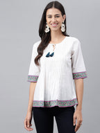 Janasya Women's White Cotton Solid Casual A-Line Top