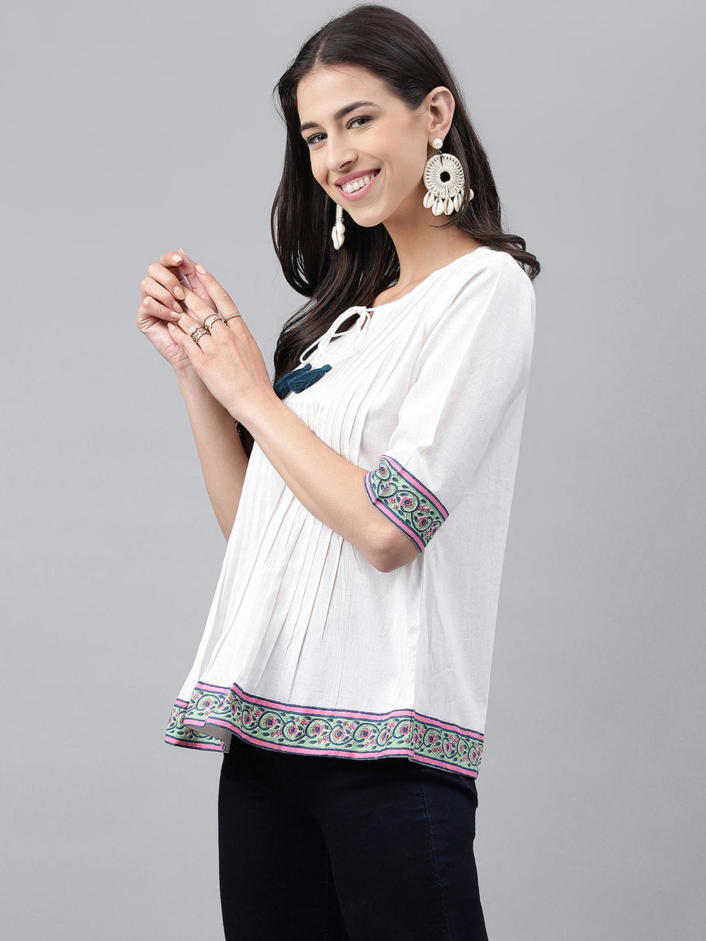 Janasya Women's White Cotton Solid Casual A-Line Top