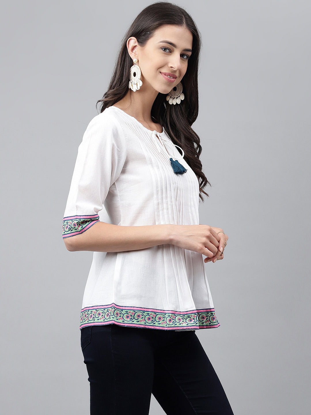 Janasya Women's White Cotton Solid Casual A-Line Top