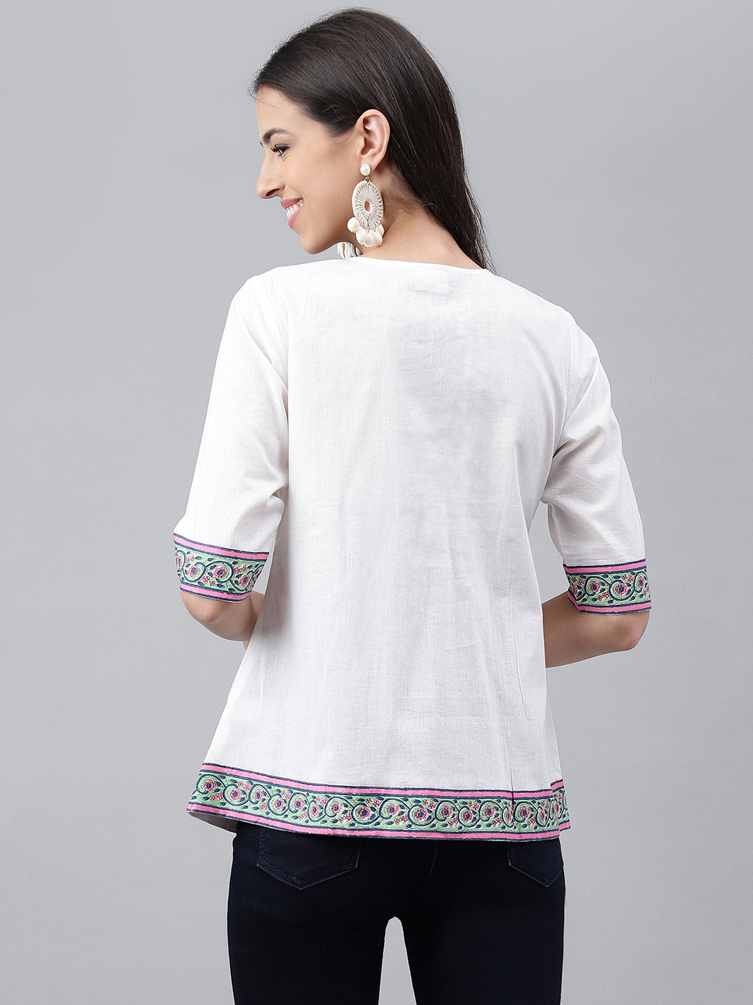 Janasya Women's White Cotton Solid Casual A-Line Top