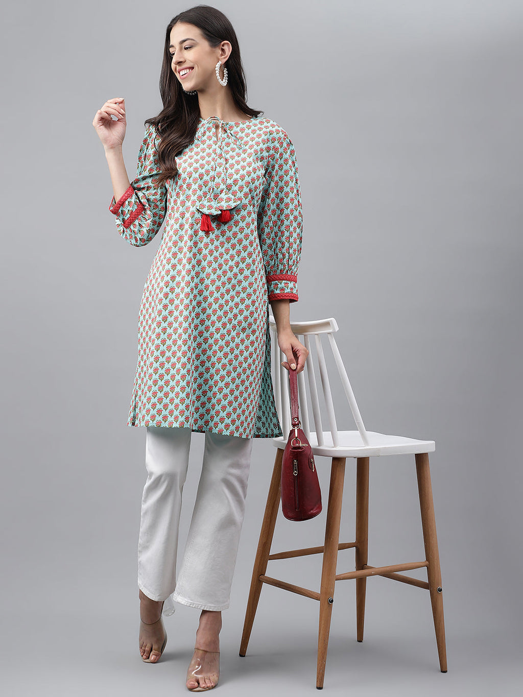 Indian Clothing Janasya Women's Light Green Cotton Floral Printed Casual Regular Tunic