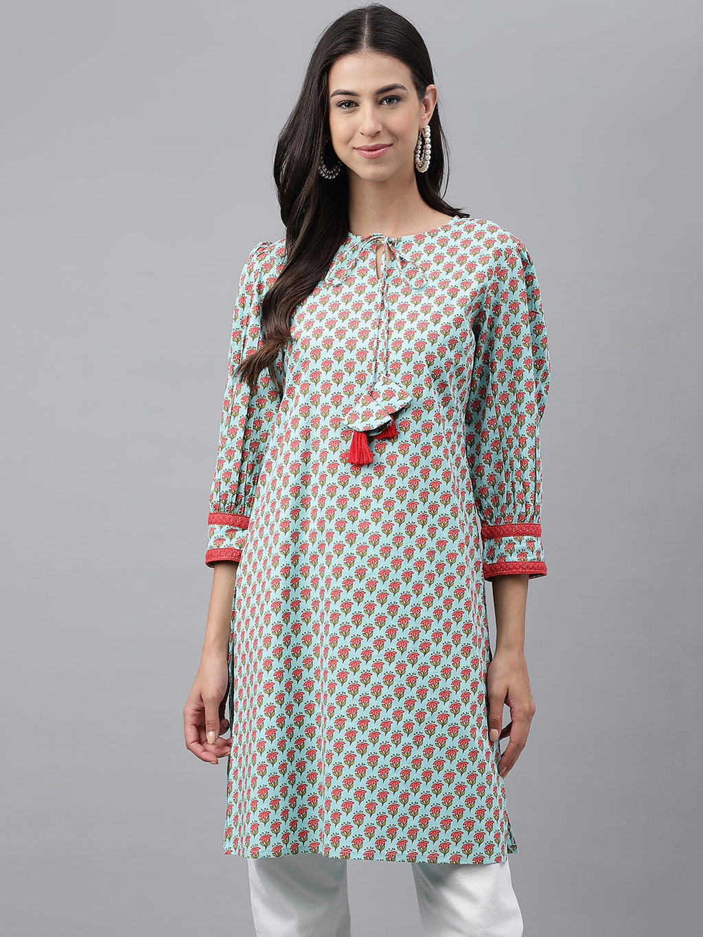 Indian Clothing Janasya Women's Light Green Cotton Floral Printed Casual Regular Tunic