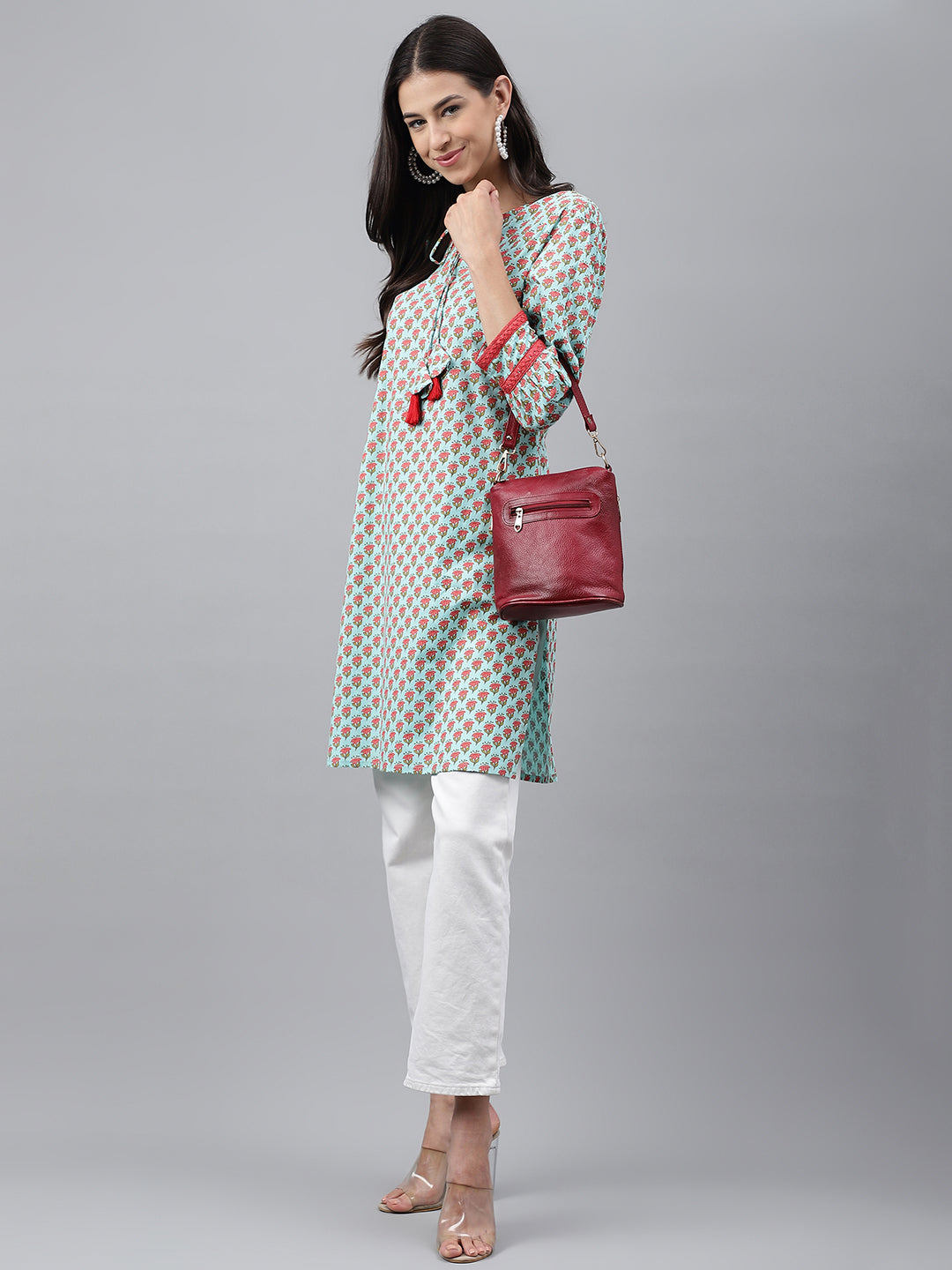 Indian Clothing Janasya Women's Light Green Cotton Floral Printed Casual Regular Tunic