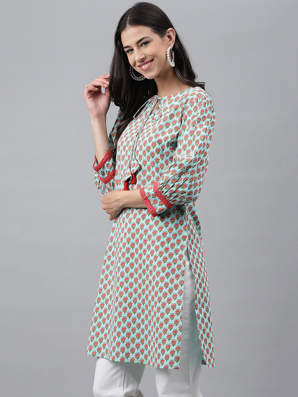 Indian Clothing Janasya Women's Light Green Cotton Floral Printed Casual Regular Tunic