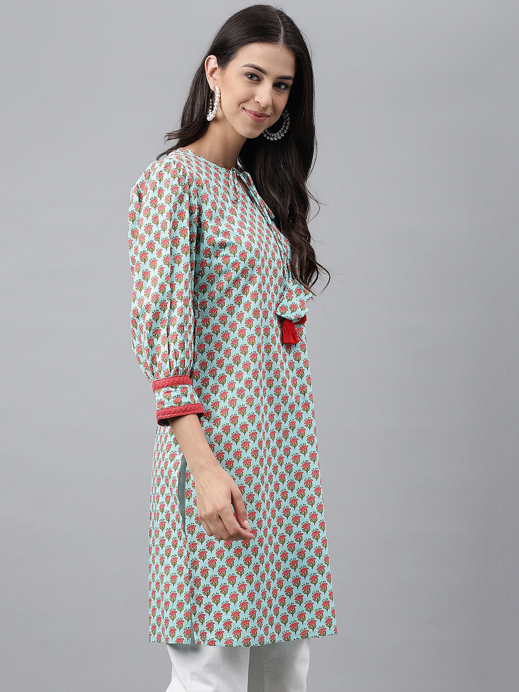 Indian Clothing Janasya Women's Light Green Cotton Floral Printed Casual Regular Tunic