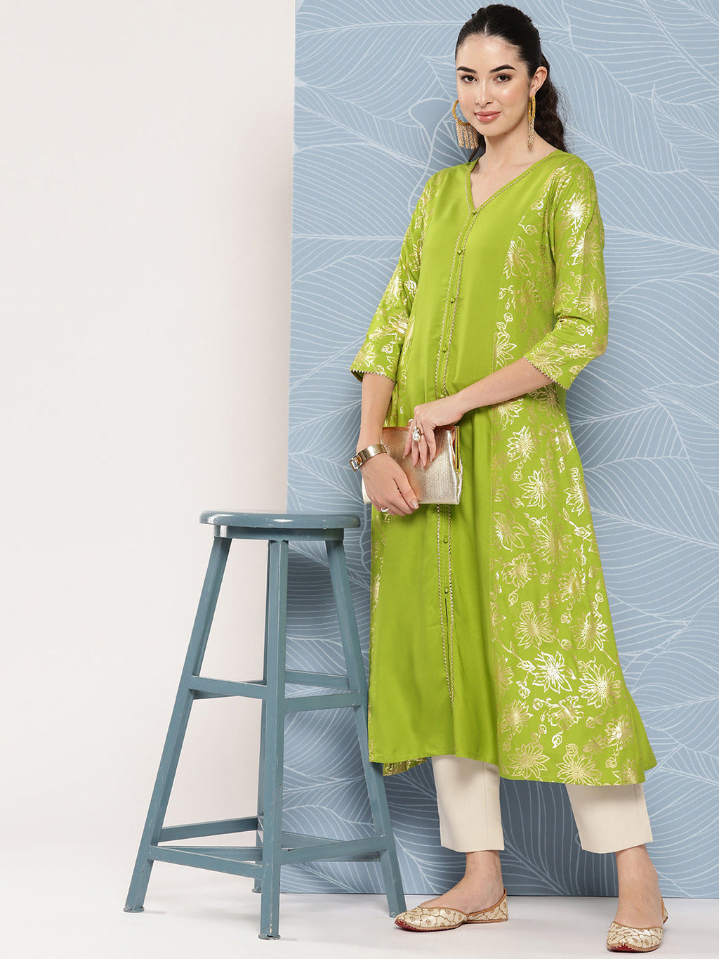 Janasya Women's Lime Green Rayon Foil Printed Festive A-Line Kurta