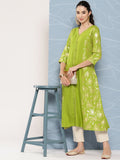 Janasya Women's Lime Green Rayon Foil Printed Festive A-Line Kurta