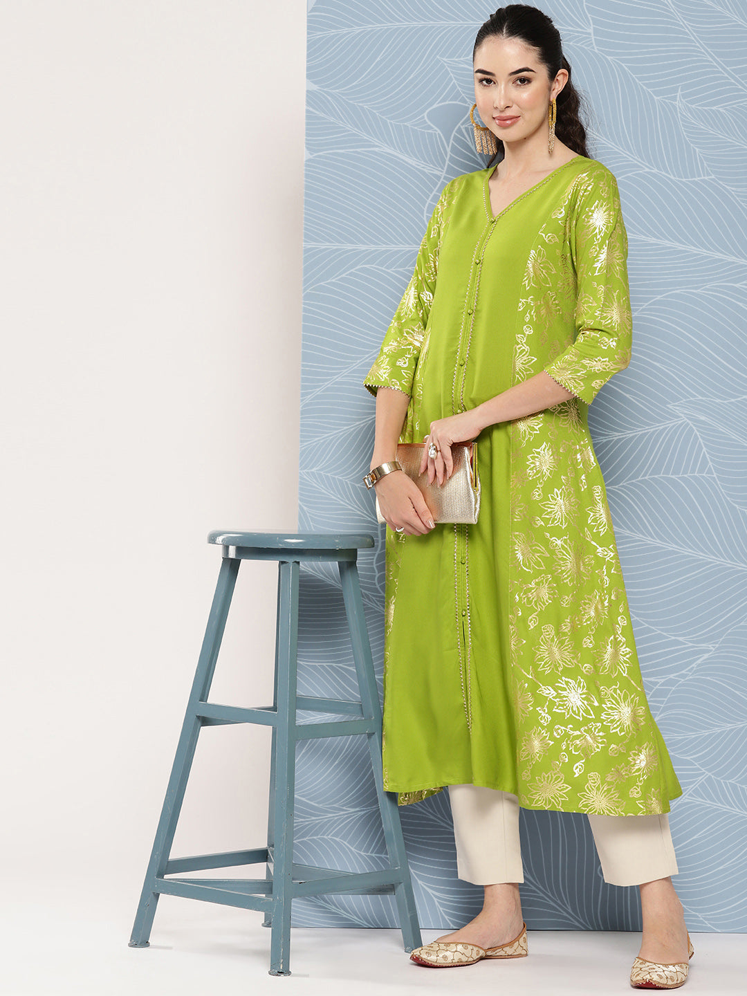 Janasya Women's Lime Green Rayon Foil Printed Festive A-Line Kurta