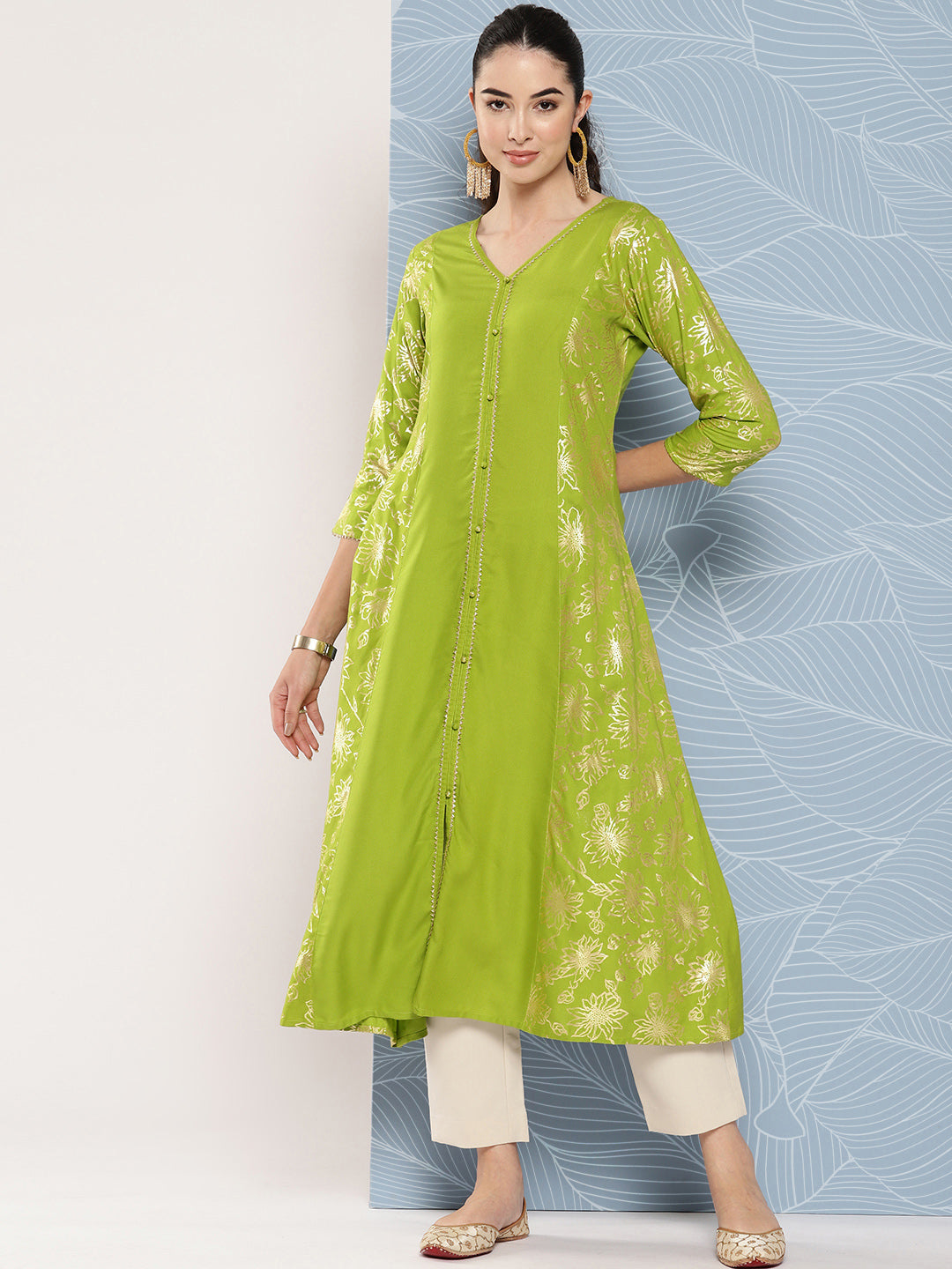 Janasya Women's Lime Green Rayon Foil Printed Festive A-Line Kurta