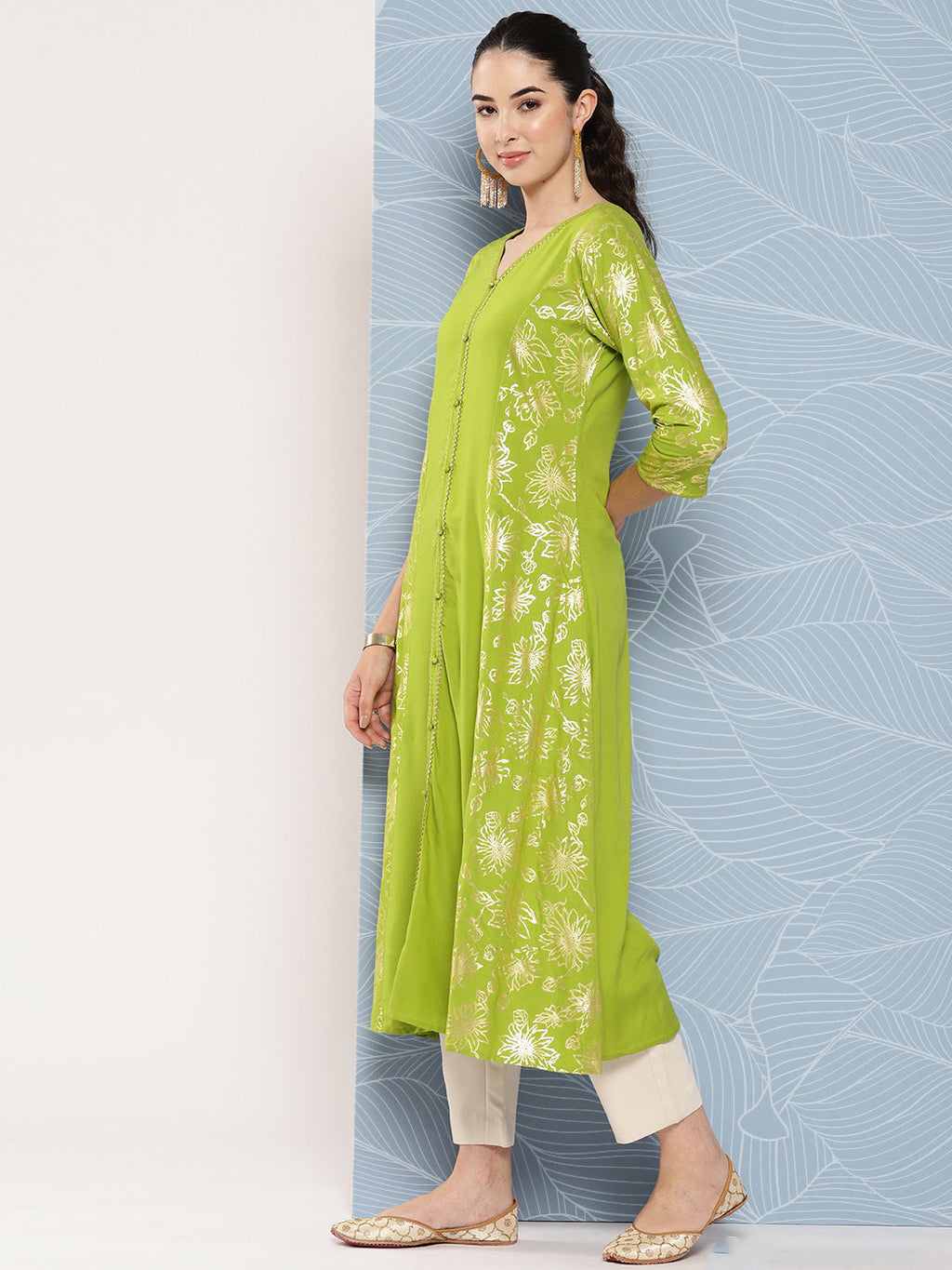 Janasya Women's Lime Green Rayon Foil Printed Festive A-Line Kurta