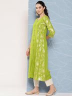 Janasya Women's Lime Green Rayon Foil Printed Festive A-Line Kurta